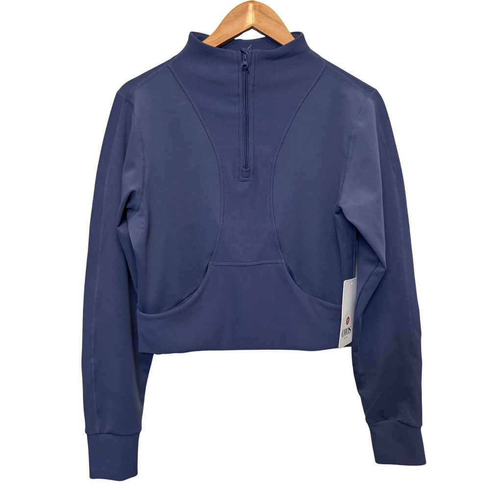 OTOS Womens Quarter Zip Pullover L Blue Cropped Ribbed Mock Neck Athleisure